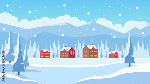 Winter landscape with village in mountains and houses flat vector illustration, perfect for winter background concept and year end holiday