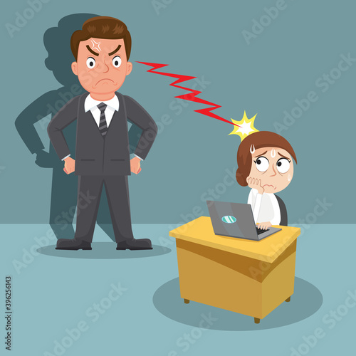 Angry boss unhappy with female employee, illustration vector cartoon