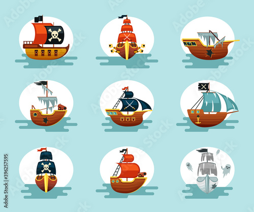 Pirate cartoon ships set. Play corsair schooners ragged sails with cannons and anchors flying dutch galleon with ghosts and new frigates flag of skull and crossed sabers. Vector sea battle.