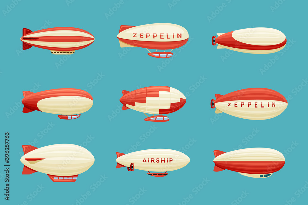 Airships set. Retro zeppelin with red white stripes cabins for passengers elongated huge balloons with helium for free travel tourism comfortable transportation to any part world. Vector adventure.