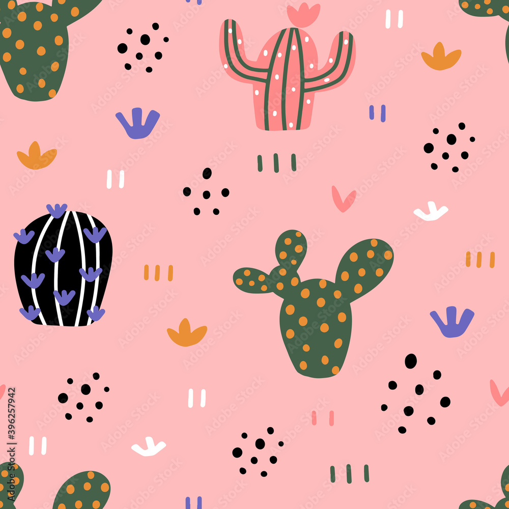 Cute cacti seamless pattern with hand drawn textures in Scandinavian style isolated on pink background vector illustration for design and print. Cute cacti seamless pattern with hand drawn textures in Scandinavian style isolated on pink background vector illustration for design and print.
