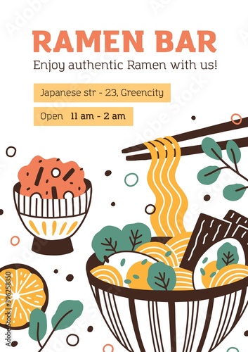 Flyer design with place for text for Japanese cuisine restaurant. Template of menu cover for Asian food cafe. Bowl of ramen soup and chopsticks with hanging noodles. Flat vector illustration