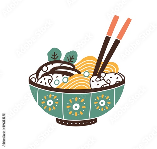 Painted ceramic bowl of Japanese noodle soup served with chopsticks. Ramen di...
