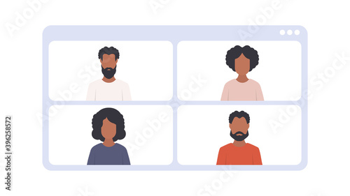 African American people at an online conference. Application window with conference. Isolated. Vector illustration.