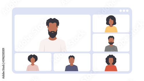 Application window with conference. African American people at an online conference. Vector illustration.