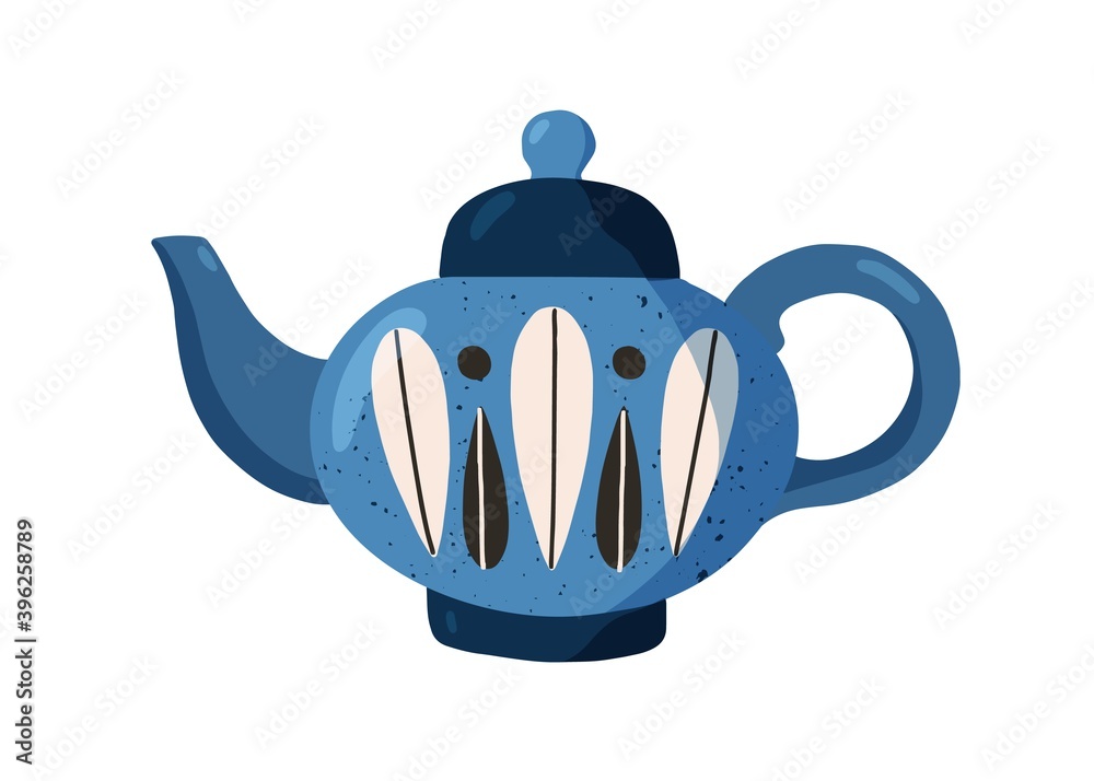Cute blue ceramic teapot. Painted tea kettle isolated on white background.  Hand drawn kitchen crockery. Teakettle in retro style. Textured flat vector  illustration Stock Vector | Adobe Stock