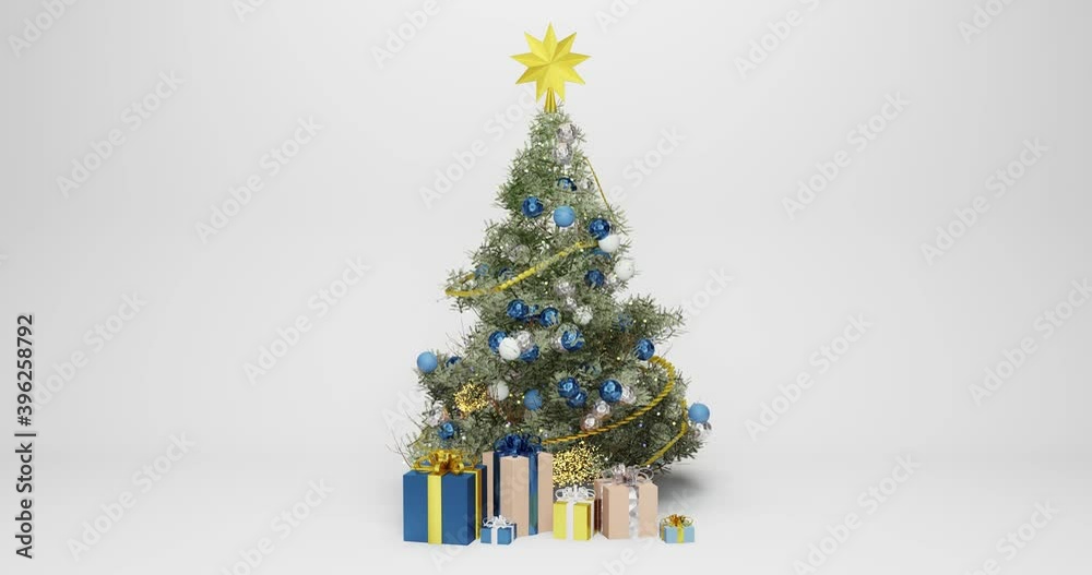 3d animation of a Christmas tree decorated with blue and white Christmas balls, with a gold star at the top of the tree, gifts at the bottom in different wrapping paper. 2 shining sparks fly around th