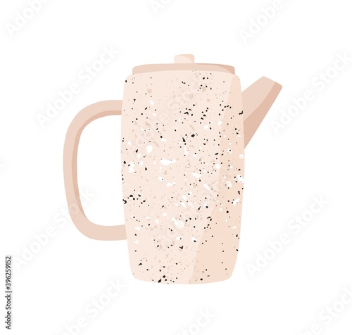 Cute beige teakettle isolated on white background. Monochrome ceramic tea kettle. Hand drawn kitchen crockery. Minimalistic textured teapot. Flat vector illustration