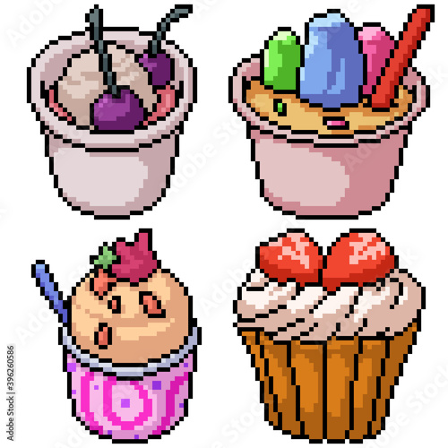 pixel art set isolated ice cream pudding
