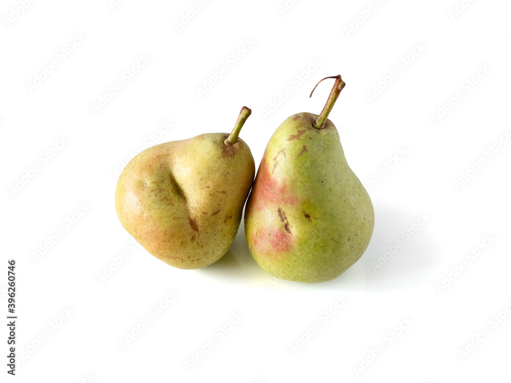 Two pears. Really organic pear. Two fresh ripe juicy not perfect pears. Pear isolated on white with clipping path. Copy space for text. Two whole pears in natural daylight Two pears. Really organic pear. Two fresh ripe juicy not perfect pears. Pear isolated on white with clipping path. Copy space for text. Two whole pears in natural daylight