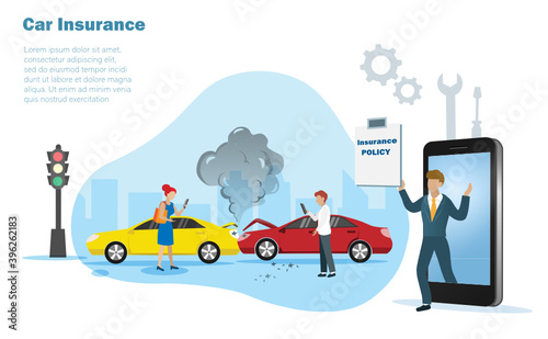 2 cars crashed on the street with man and woman drivers. Insurance broker agent on smart phone screen holding insurance policy. Car accident, travel and car insurance concept. © Kate3155