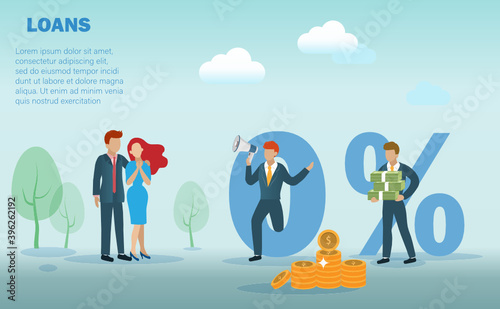 Bank officer offering 0% interest rate to family couple, husband and wife. Idea for home loan, refinance house, estate mortgage or personal loan, financial concept.
