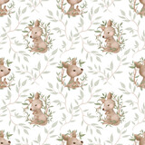 Kangaroo mom and baby  on a eucalyptus tree branches with leaves. Seamless Patterns. Cute Cartoon Character. Hand drawn illustration.Kangaroo with a baby in the bag on white background.