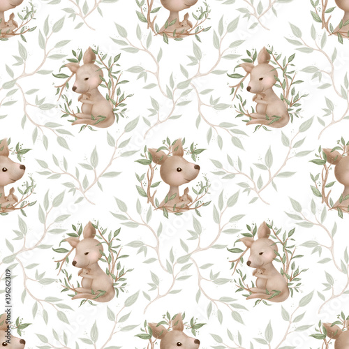 Kangaroo mom and baby on a eucalyptus tree branches with leaves. Seamless Patterns. Cute Cartoon Character. Hand drawn illustration.Kangaroo with a baby in the bag on white background.