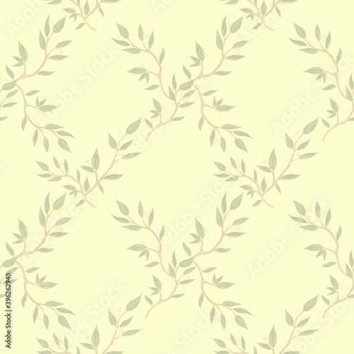Seamless Pattern Of Green Eucalyptus Leaves on yellow background. Repeat pattern. 