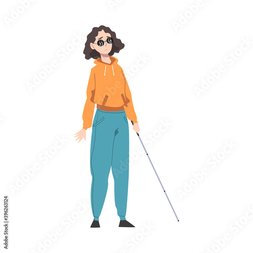 Handicapped Weak Sighted Woman with White Cane Feeling Sad Vector Illustration