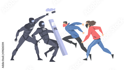 Aggressive Man Rioters Fighting with Armed Police Officers Vector Illustration