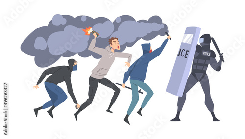 Young Man Rioters with Smoke Grenade Fighting with Armed Police Officers Vector Illustration