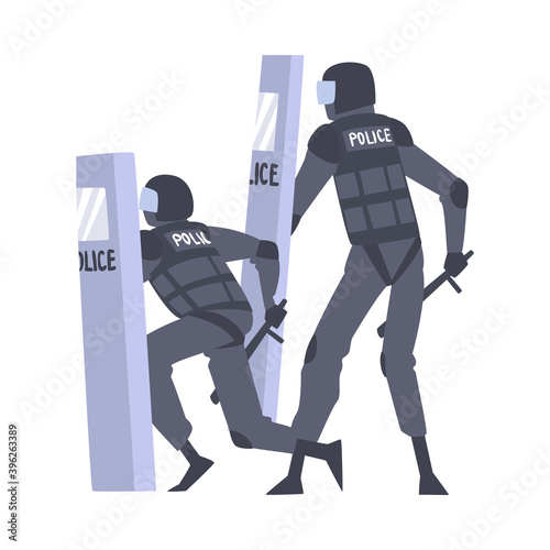 Riot Police Officer in Uniform with Shield and Baton Controlling Mass Protest Vector Illustration