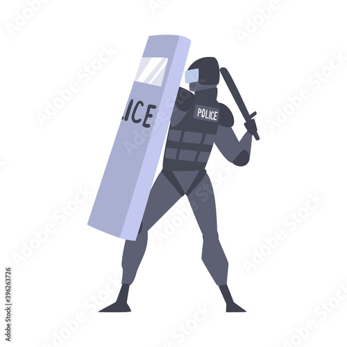 Riot Police Officer in Uniform with Shield and Baton Controlling Mass Protest Vector Illustration