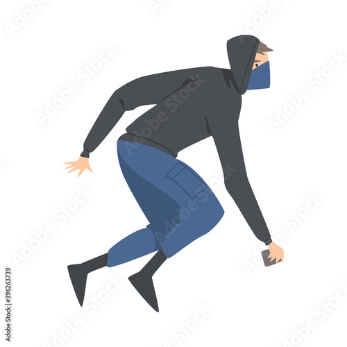 Aggressive Man Radical with Covered Face Engaged in Street Riot Vector Illustration