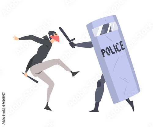 Young Man Rioter with Covered Face Fighting with Armed Policeman Defending with Shield Vector Illustration