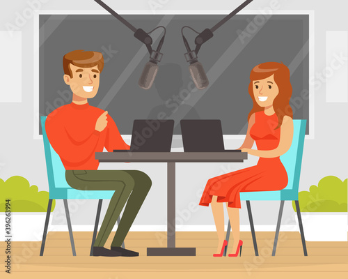 Man and Woman on the Radio Podcast with Microphone Talking Live in Studio Vector Illustration