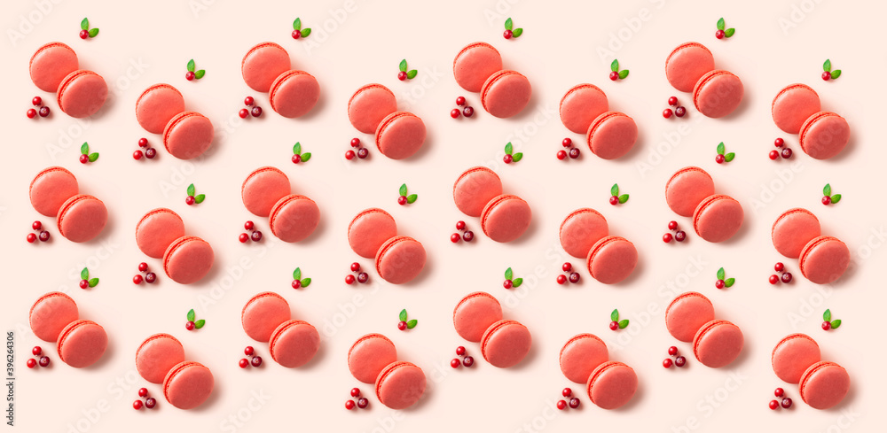 Pattern with berry macarons and cranberries. Pattern with berry macarons and cranberries.