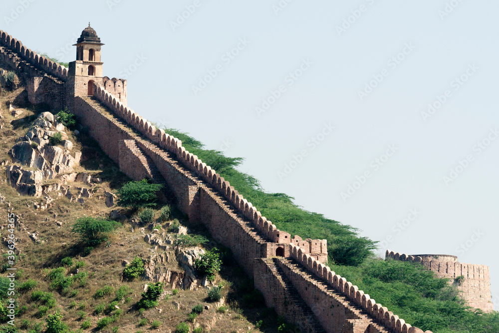 Walls and fortifications on the hills of Jaipur, India