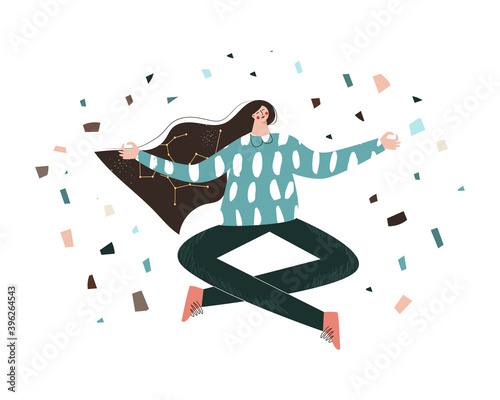 Keep calm concept. Young girl meditates, constellations and the universe in the head. Mental health, self-help, self-care, peace of mind thankful. Flat vector illustration isolated on white background