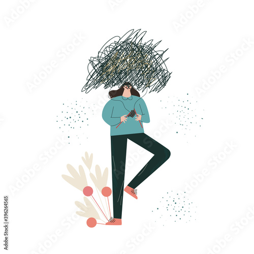 Mental health problem, self-help, self-care concept. A young girl untangles a ball of thread in her head. Anxiety, disorder, syndrome, abstract metaphor illustration isolated on white background