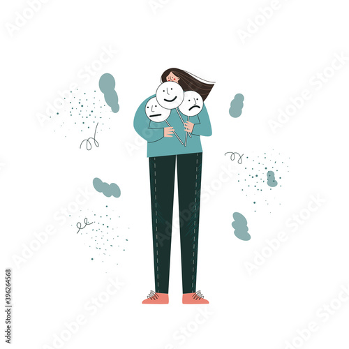 Mental health problem concept. The girl chooses emotions. Anxiety, burnout, multiple personality disorder, loneliness,  inside, mindset. Metaphorical flat vector illustration isolated on white