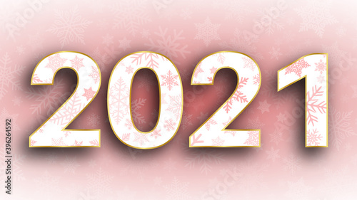 Happy New Year 2021 . winter banner , poster or greeting card template . Number on red background with texture of snowflakes . 