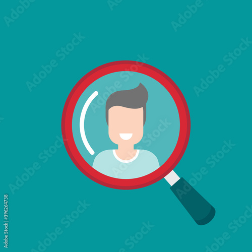 Recruitment icon. Red magnifier with human isolated on Blue. Magnifying glass icon.