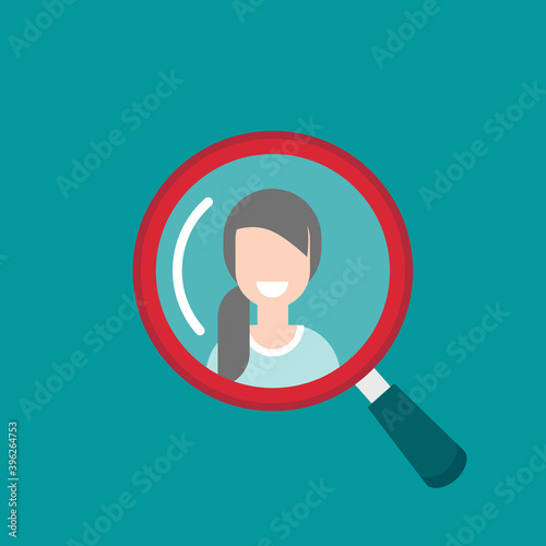 Recruitment icon. Red magnifier with human isolated on Blue. Magnifying glass icon.
