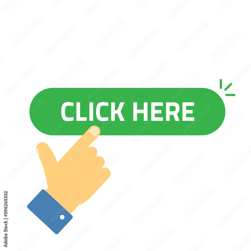 Click here button with clicking hand pointer finger icon vector flat cartoon isolated, concept of promotional motivational action modern design Click here button with clicking hand pointer finger icon vector flat cartoon isolated, concept of promotional motivational action modern design