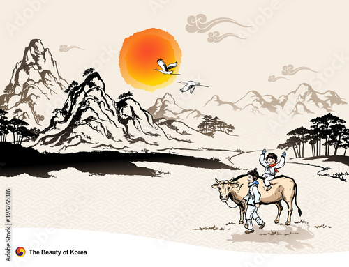 Beautiful Korea, New Year sunrise and natural scenery, people and cows in traditional costume, Korean traditional painting vector illustration.