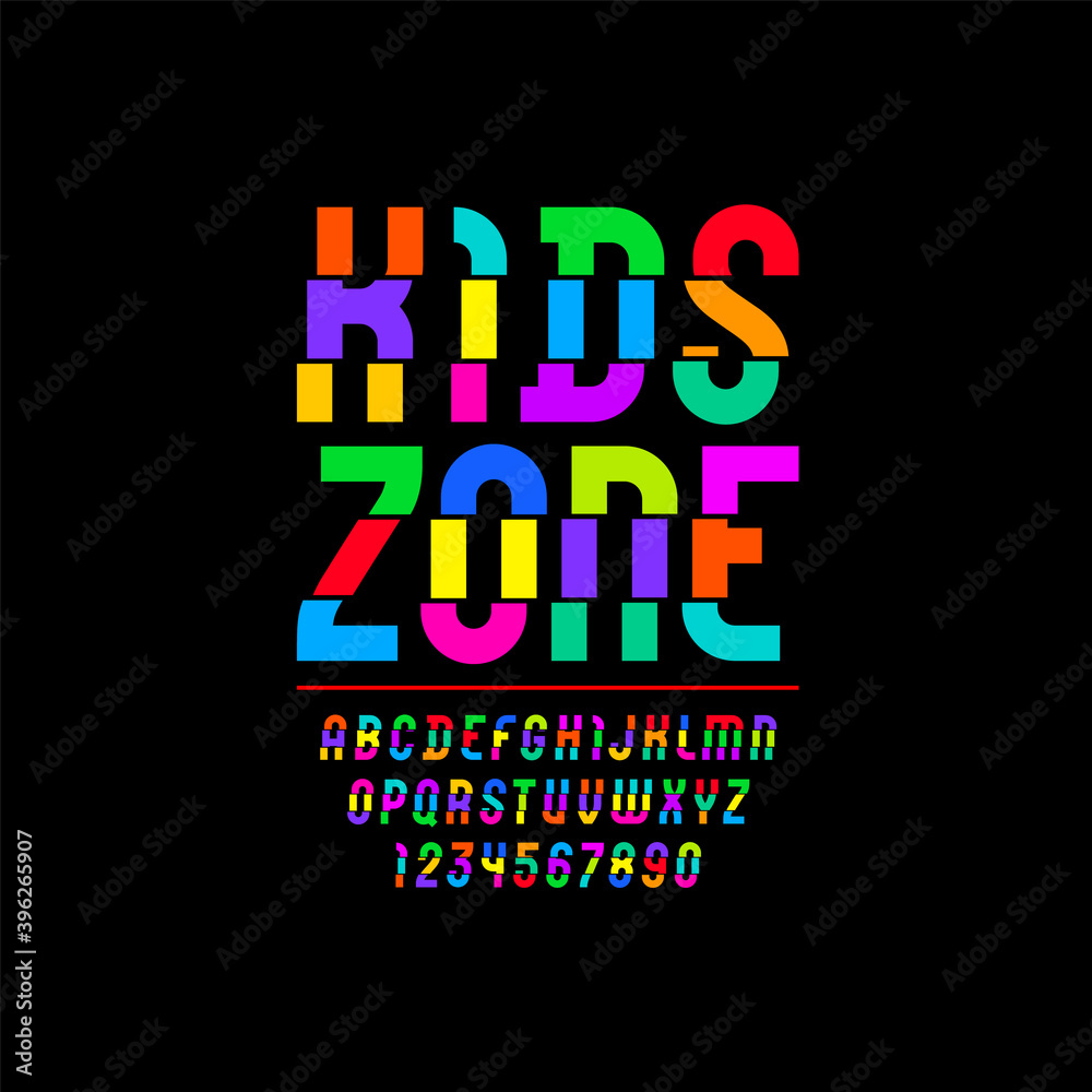 Bright shift font, trendy colored cutting alphabet, modern letters and numbers, for your designs: logo, t-shirt, card, poster, letterpress, vector illustration 10EPS
