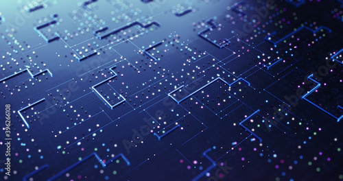 CPU Circuit Technology Background. Data Signals Flowing. Artificial Intelligence. Computer And Technology Related 3D Illustration Render