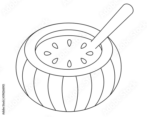 Pumpkin soup. Delicious stew in a pumpkin-cut mold, decorated with pumpkin seeds. Vector illustration. Outline on an isolated white background. Doodle style. Sketch. Coloring book for children. Vegan 