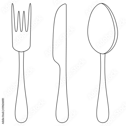 Cutlery. Knife, fork and spoon. Vector set of illustrations. Outline on an isolated white background. Doodle style. Sketch. Collection of silver tools for eating. Lunch equipment. Table setting.