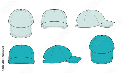 Blank baseball cap template for design. Face and side for logo, print. Mix the colors blue, green, turquoise. Vector illustration.