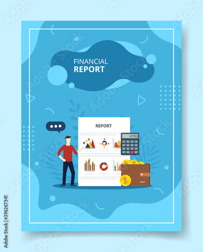 financial report men standing nearby bar curve pie chart calculator wallet dollar coin money for template of banners, flyer, books cover, magazines