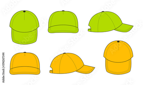 Blank baseball cap template for design. Face and side for logo, print. Mix the colors green, orange. Vector illustration.