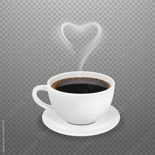 Realistic coffee cup. Hot heart steam, white espresso americano mug. Morning drink for energy vector illustration. Cup coffee drink, black aroma beverage