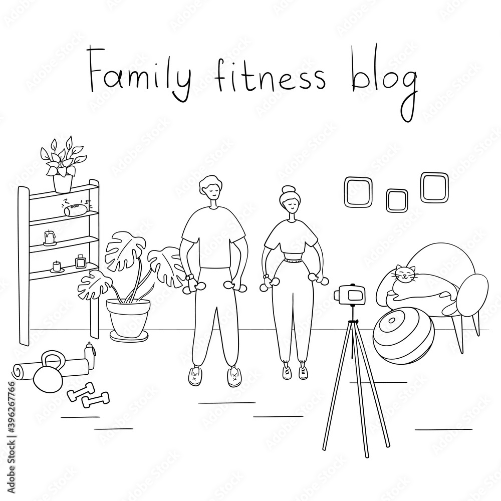 Fitness blog. Trainers record video for their followers. Remote workout concept. Sportsmen train and record video on camera. Cartoon vector illustration