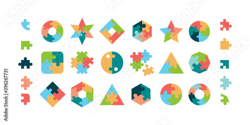 Puzzle. Jigsaw pieces various geometrical forms round and square puzzle parts vector collection. Illustration jigsaw puzzle game, teamwork concept photo