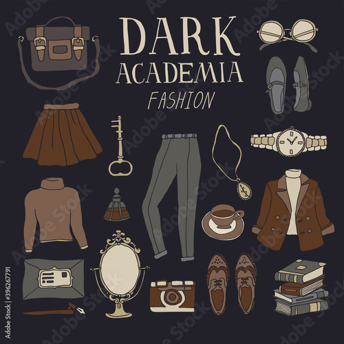 Dark Academia fashion set. Collection of vintage clothes and accessories. Stylish look or outfit. Vector illustration in line art style with hand drawn lettering