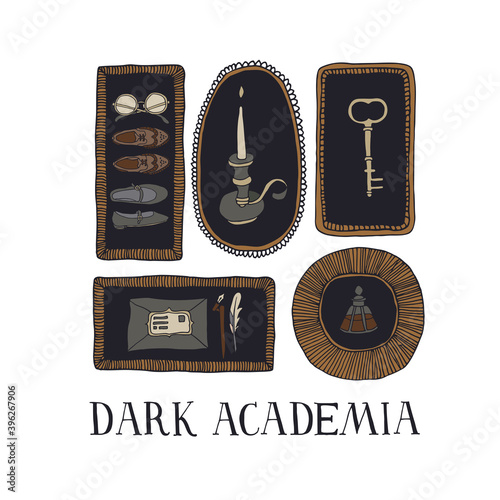 Dark Academia aesthetic. Vintage elements collection. Old key, envelope, ink bottle, candle, shoes and glasses in decorative frames. Hand written lettering. Antique vector illustration in sketch style