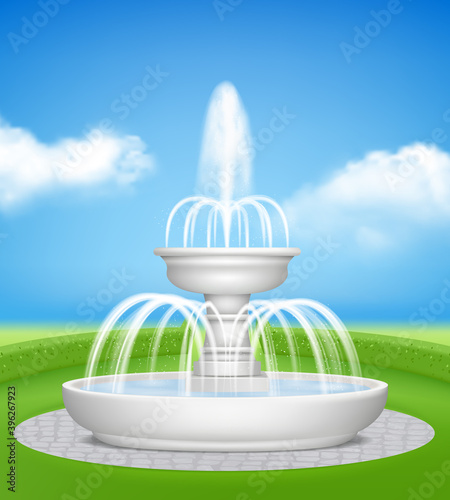 Fountain in garden. Water jet splashes spray on decorative grass outdoor realistic fountains vector background. Illustration fountain architecture for park outdoor or garden design
